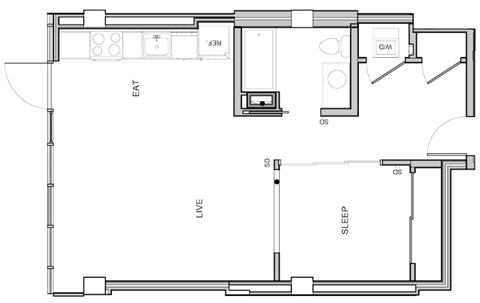 Floor plan for 1 bed, 1 bath, 662 sqft